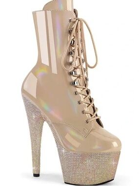 Pleaser Nude Patent Lace-Up Platform Ankle Boot with Rhinestones